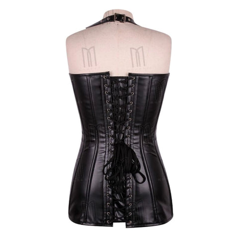 Bold and Sophisticated Faux Leather Overbust Short Corset Dress with Halter Neck Belt image 3