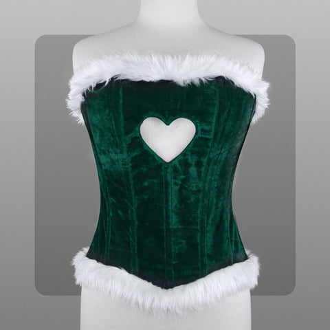 Red Christmas corset top sexy lingerie with white feather trimming heart cutout Overbust renaissance bustier Santa Claus costume for women image 4