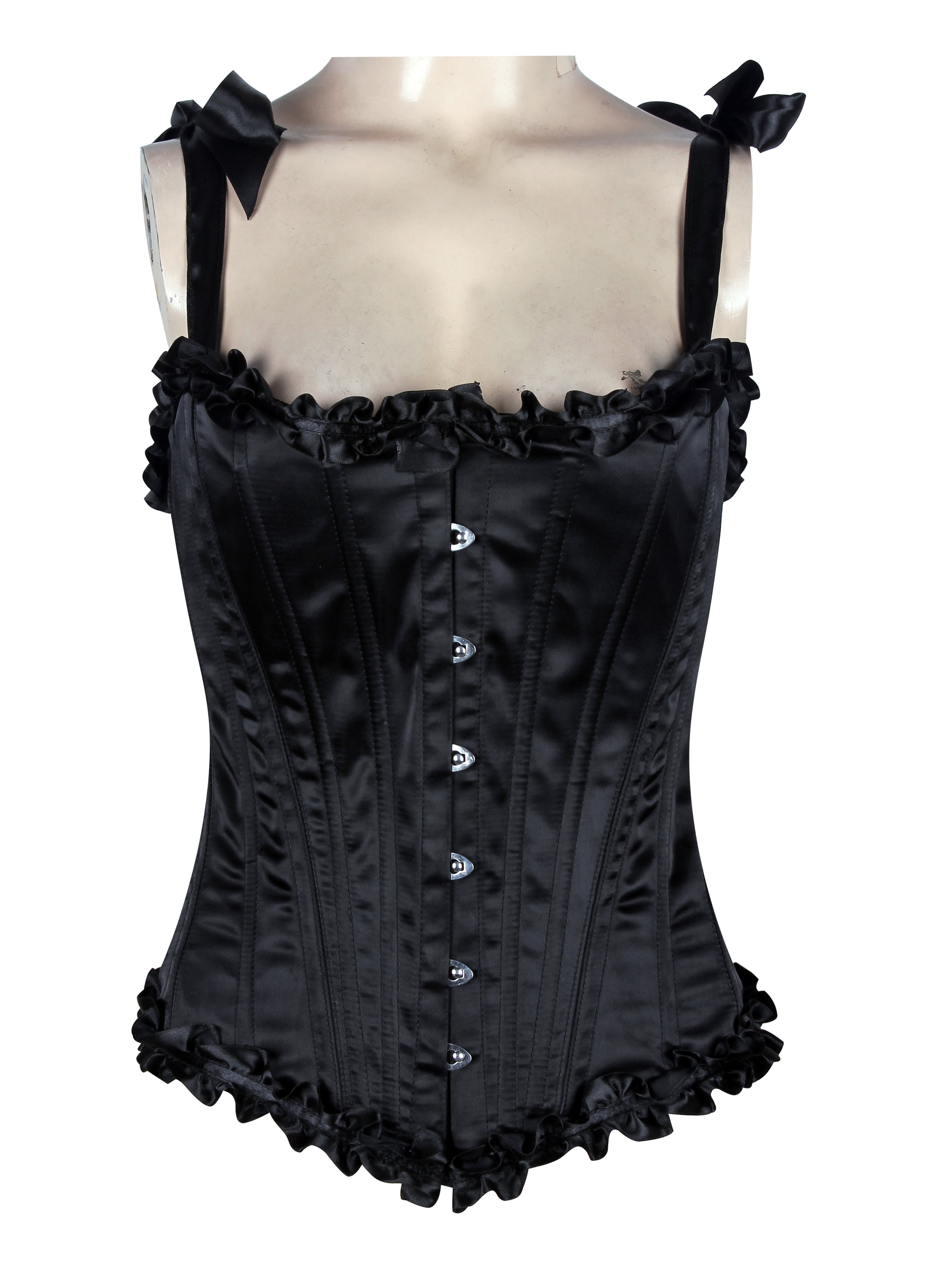Corset in Satin Fabric with Ribbons and Frills at Bust – Elegant Satin Overbust Corset