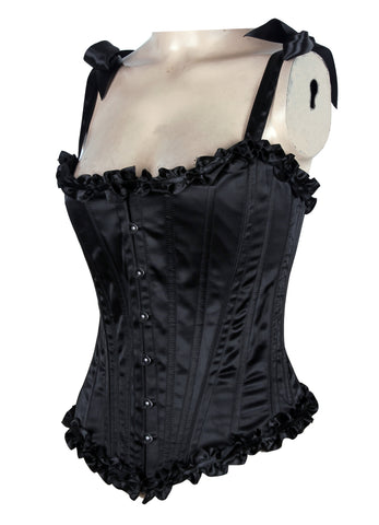 Corset in Satin Fabric with Ribbons and Frills at Bust – Elegant Satin Overbust Corset
