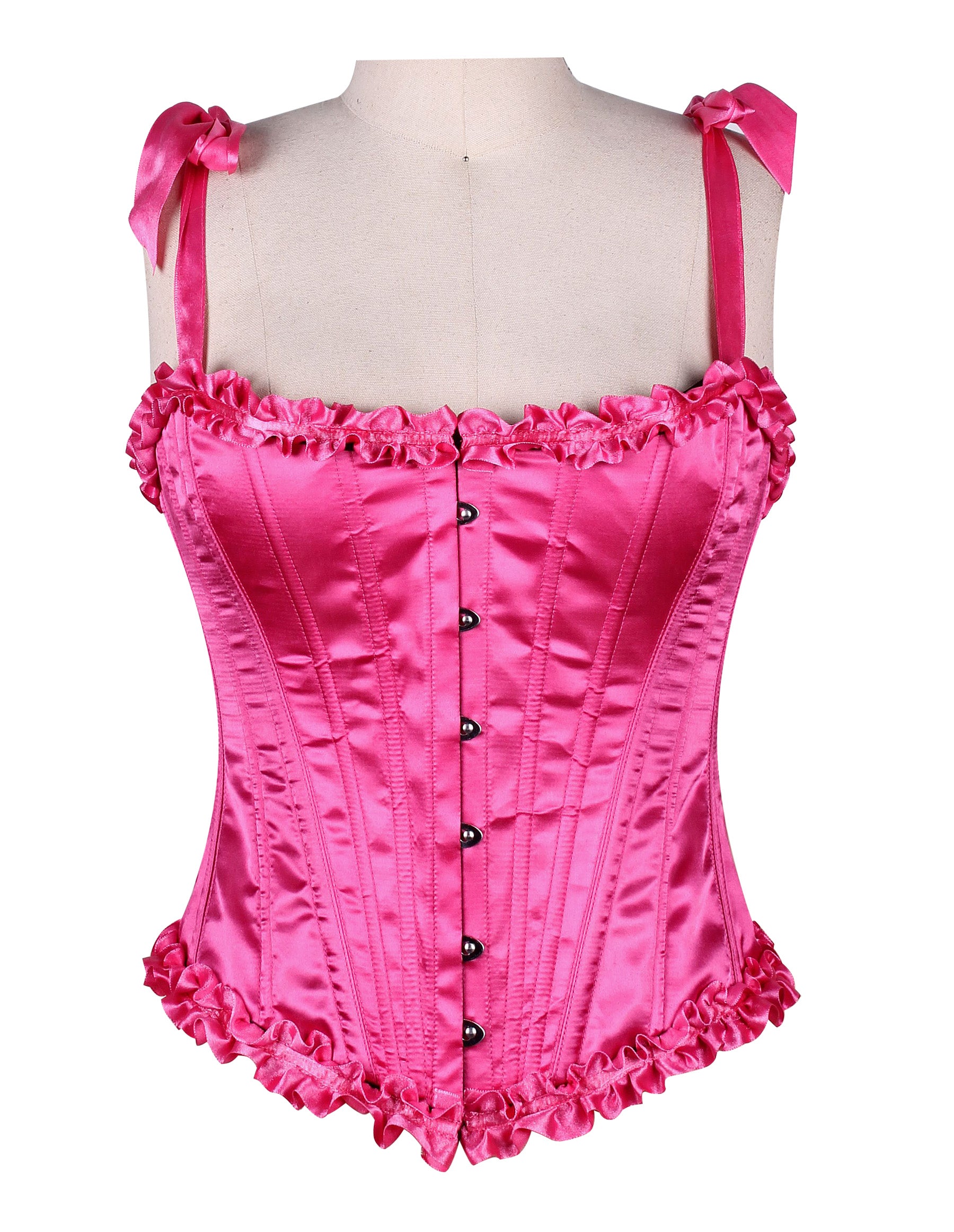 Corset in Satin Fabric with Ribbons and Frills at Bust – Elegant Satin Overbust Corset
