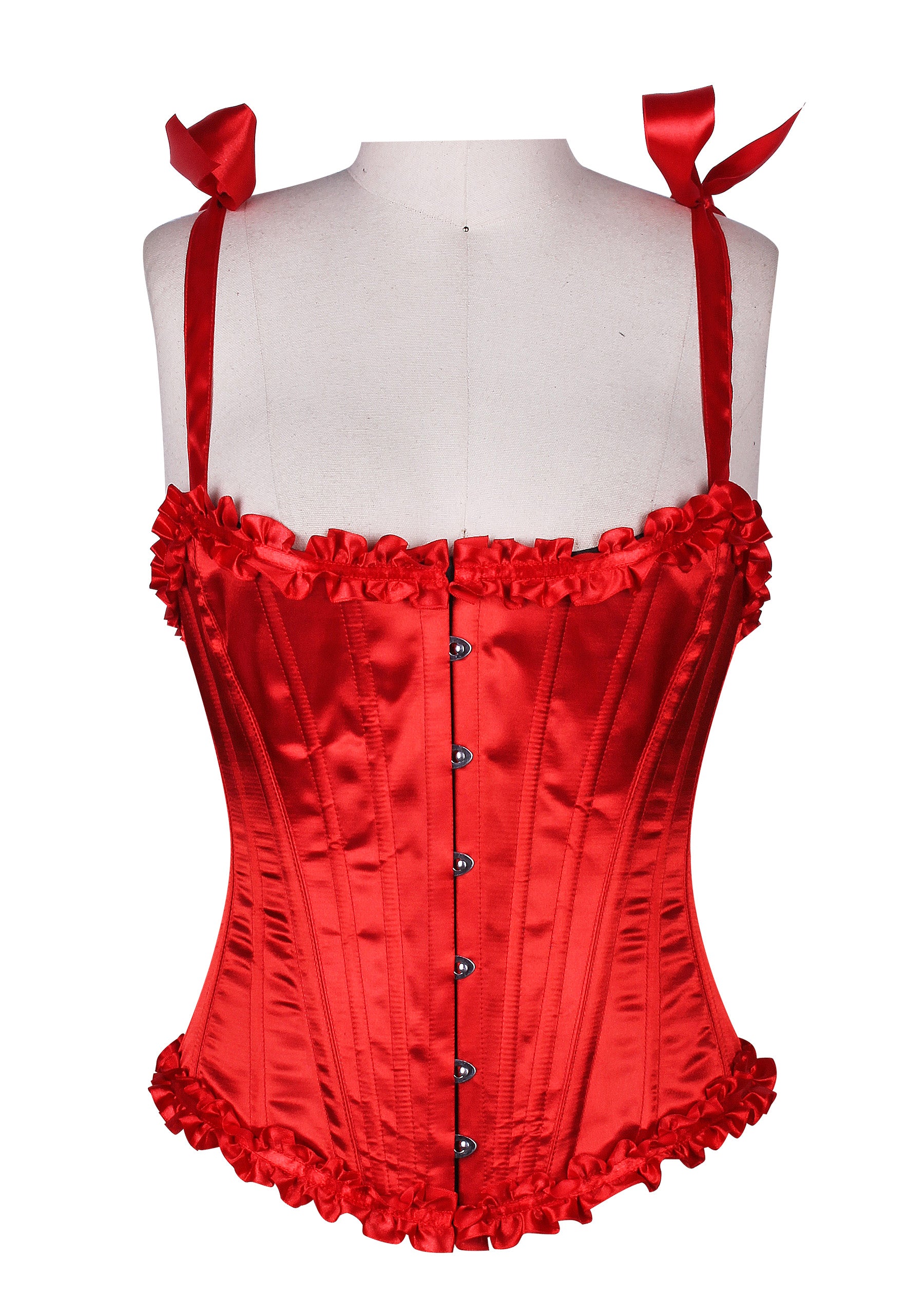 Corset in Satin Fabric with Ribbons and Frills at Bust – Elegant Satin Overbust Corset