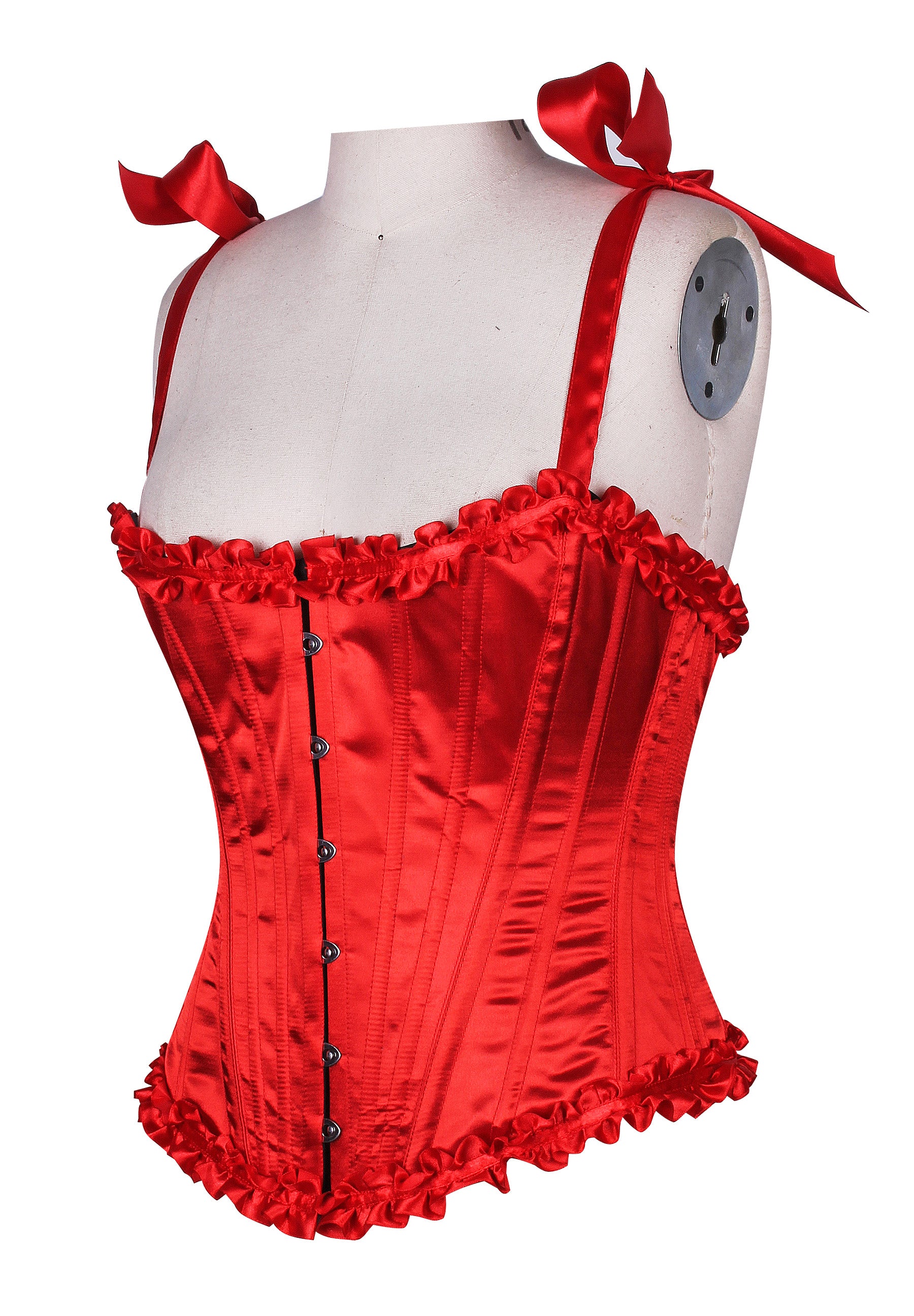 Corset in Satin Fabric with Ribbons and Frills at Bust – Elegant Satin Overbust Corset
