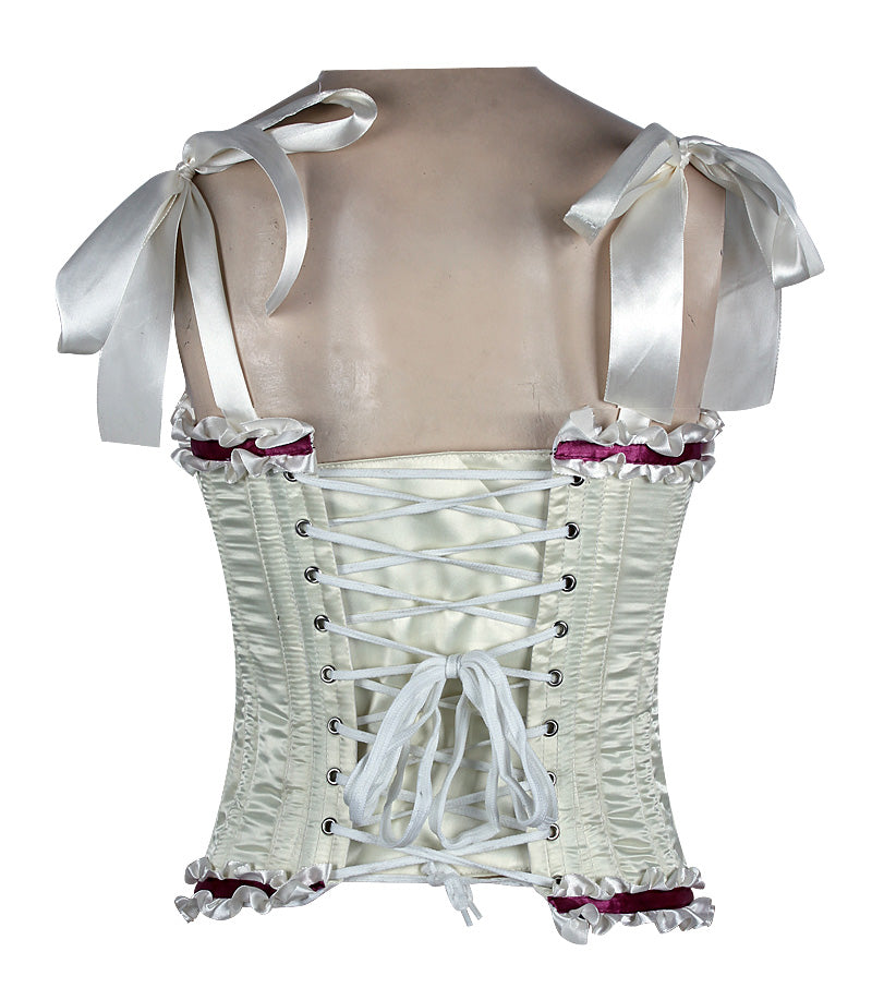 Corset in Satin Fabric with Ribbons and Frills at Bust – Elegant Satin Overbust Corset