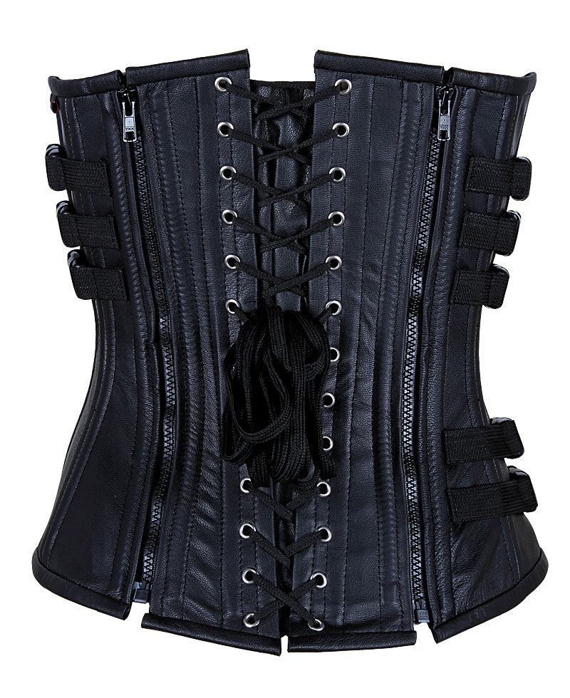 Leather Overbust Corset Elegantly Crafted with Intricate Underworld Embroidery – Waist Shaping Corset