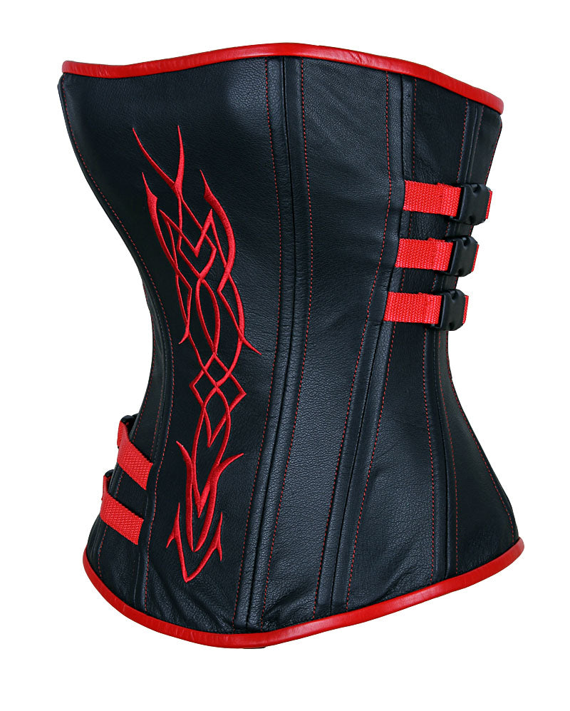 Leather Overbust Corset Elegantly Crafted with Intricate Underworld Embroidery – Waist Shaping Corset