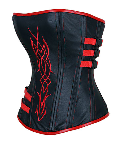 Leather Overbust Corset Elegantly Crafted with Intricate Underworld Embroidery – Waist Shaping Corset