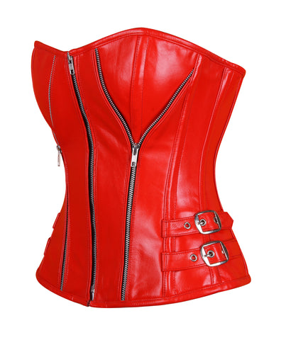 Bold Leather Steel-Boned Overbust Corset with Spiral Boning and Silver Zipper – Waist Shaping Corset