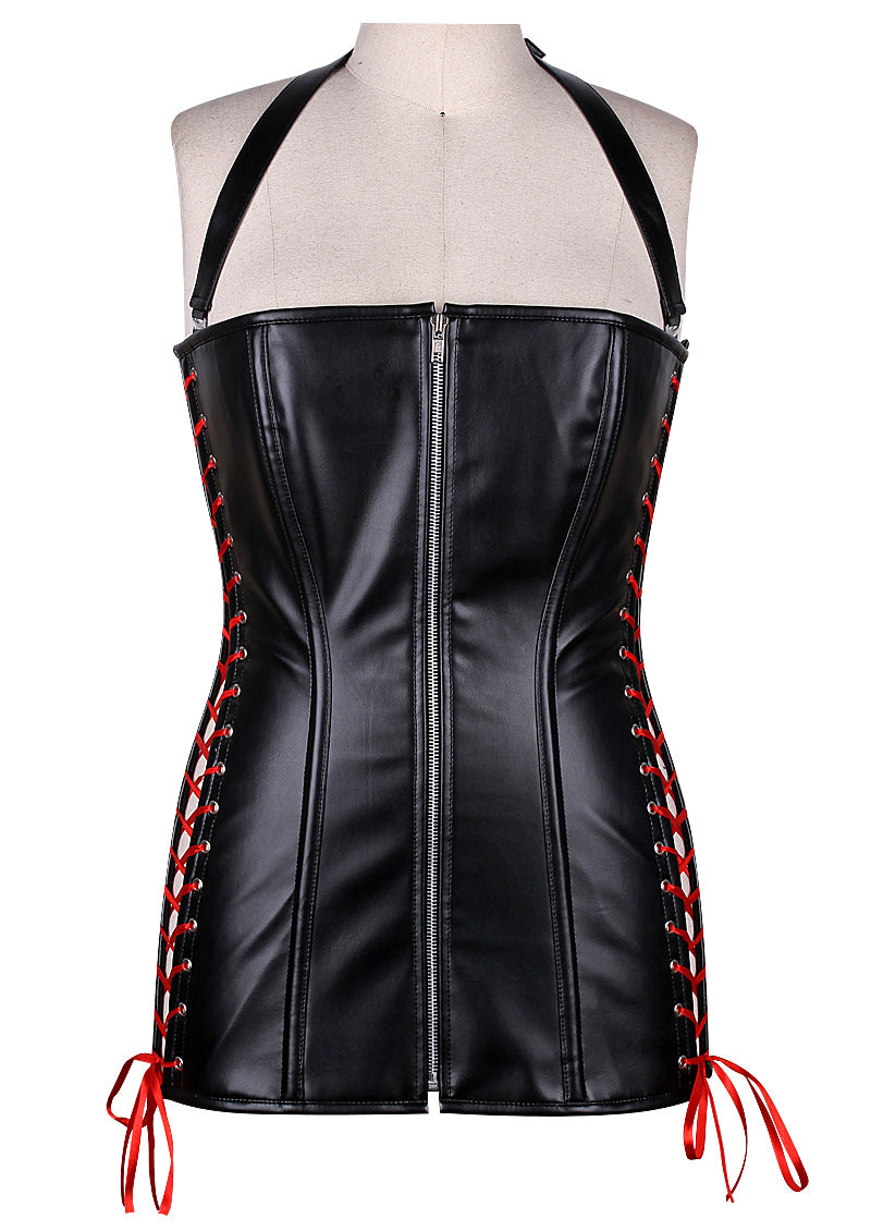 Edgy and Chic Short Faux Leather Overbust Corset Dress with Side Lacing and Halter Neck Belt – Waist Shaping Corset Dress
