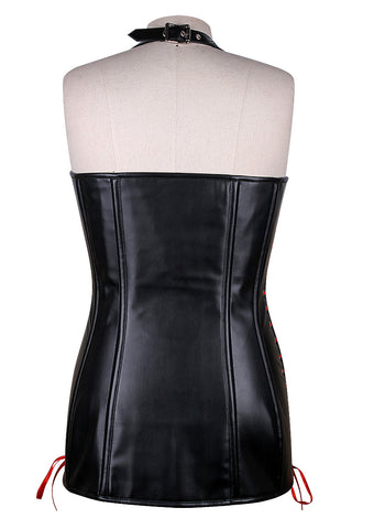 Edgy and Chic Short Faux Leather Overbust Corset Dress with Side Lacing and Halter Neck Belt – Waist Shaping Corset Dress