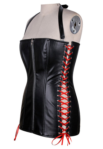 Edgy and Chic Short Faux Leather Overbust Corset Dress with Side Lacing and Halter Neck Belt – Waist Shaping Corset Dress