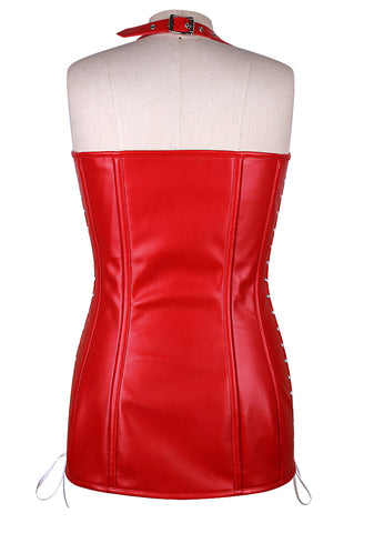 Edgy and Chic Short Faux Leather Overbust Corset Dress with Side Lacing and Halter Neck Belt – Waist Shaping Corset Dress