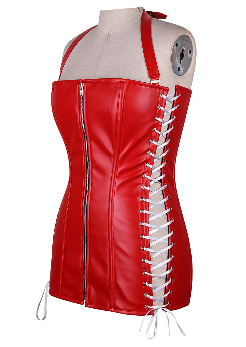 Edgy and Chic Short Faux Leather Overbust Corset Dress with Side Lacing and Halter Neck Belt – Waist Shaping Corset Dress