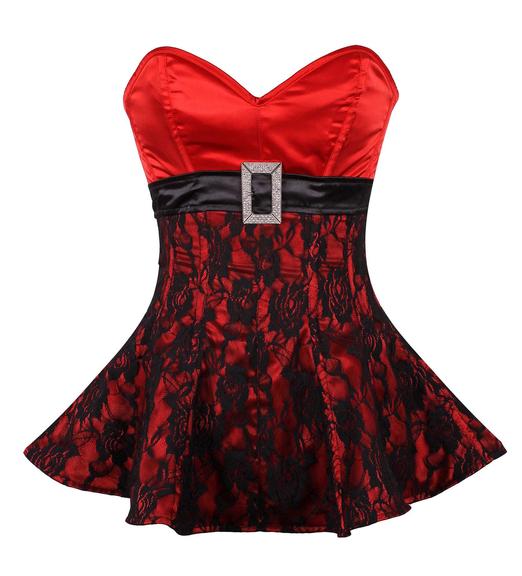 Overbust Corset Dress with Lace Overlay and Rhinestone Buckle Belt – Elegant Waist Shaping Corset Dress