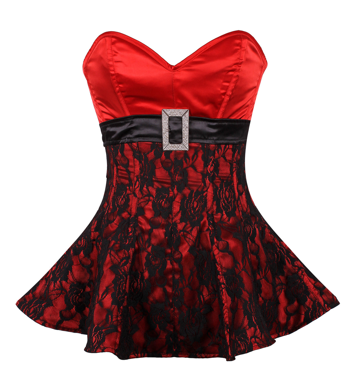 Overbust Corset Dress with Lace Overlay and Rhinestone Buckle Belt – Elegant Waist Shaping Corset Dress