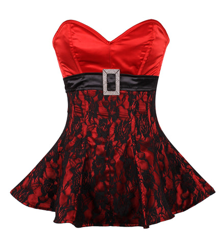 Overbust Corset Dress with Lace Overlay and Rhinestone Buckle Belt – Elegant Waist Shaping Corset Dress