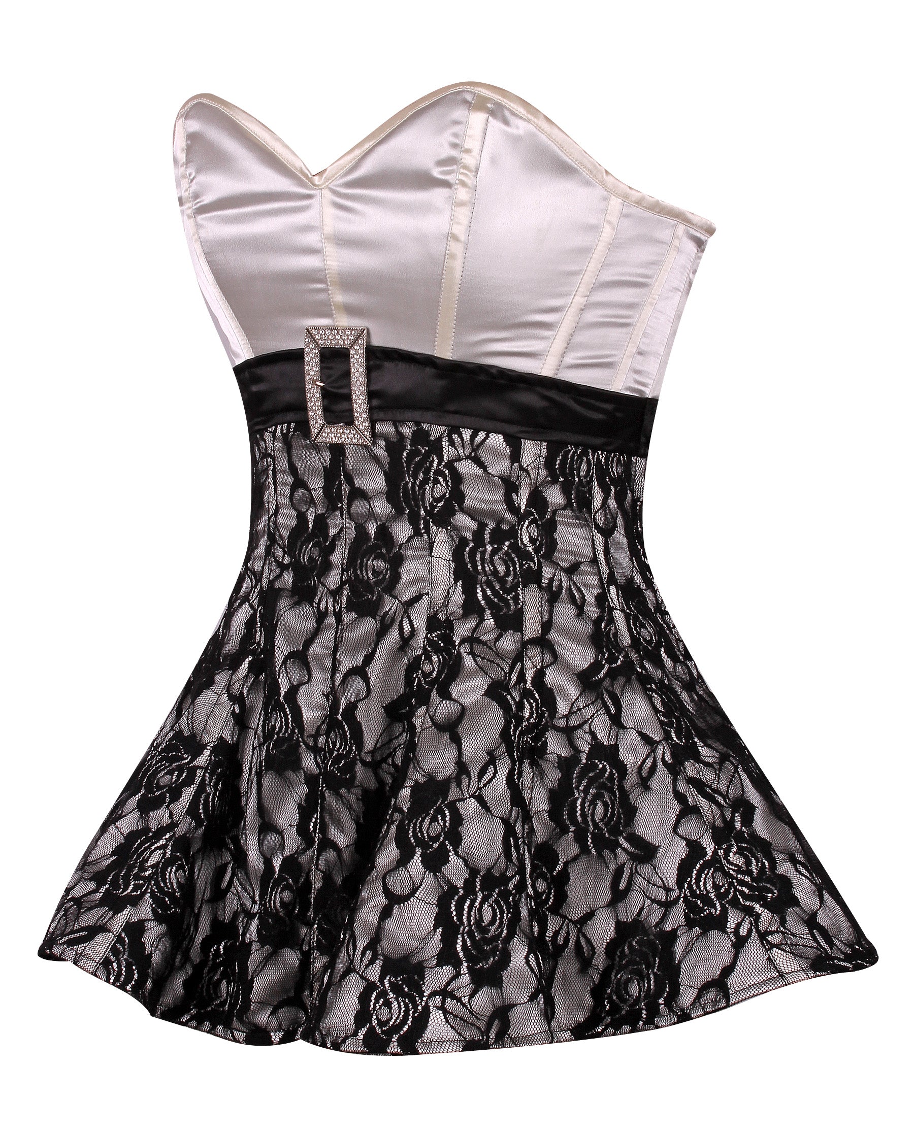 Overbust Corset Dress with Lace Overlay and Rhinestone Buckle Belt – Elegant Waist Shaping Corset Dress