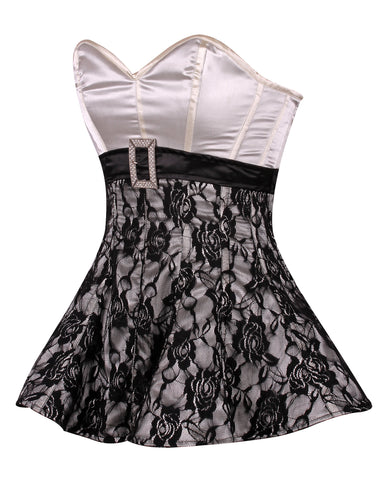 Overbust Corset Dress with Lace Overlay and Rhinestone Buckle Belt – Elegant Waist Shaping Corset Dress