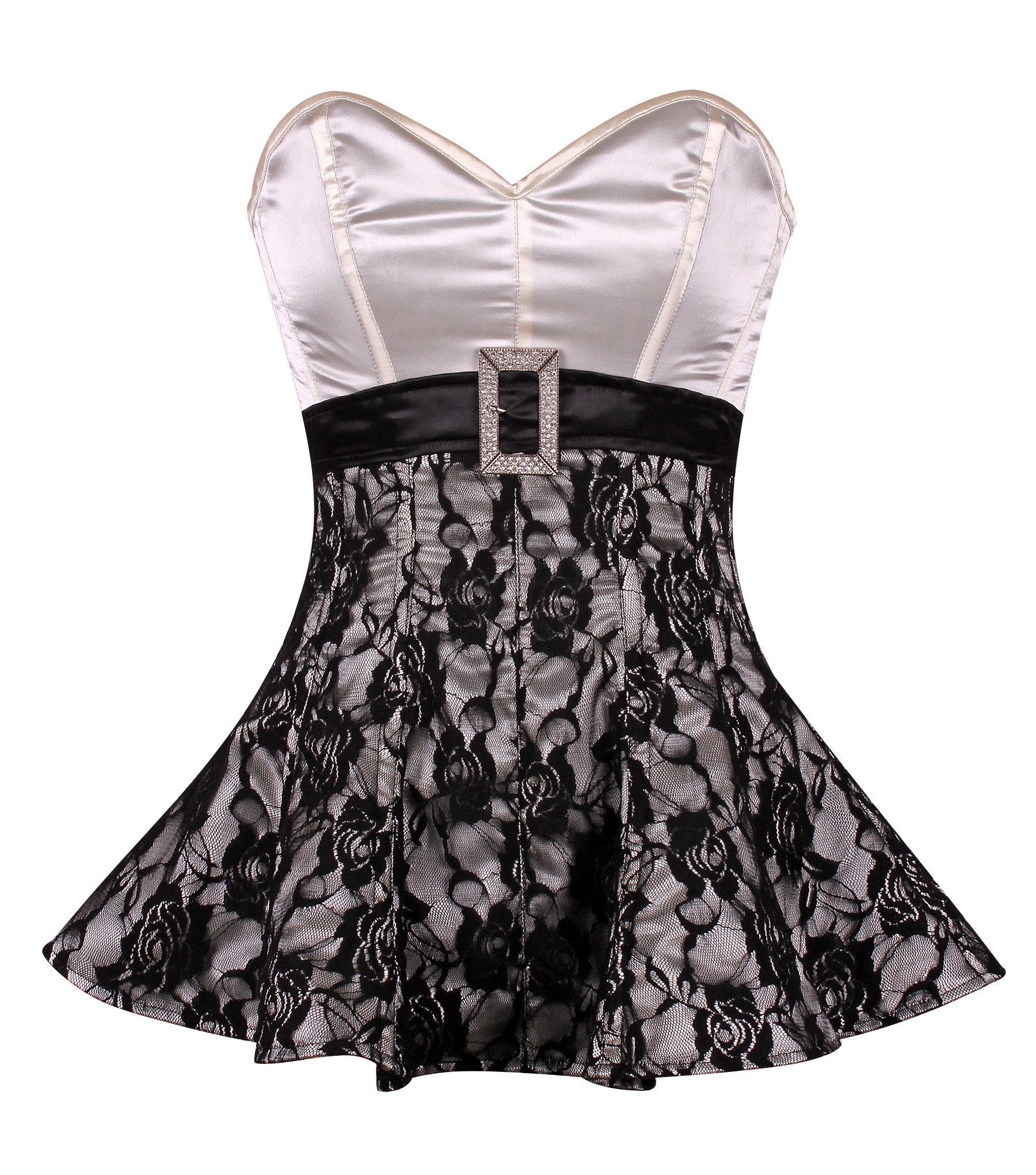 Overbust Corset Dress with Lace Overlay and Rhinestone Buckle Belt – Elegant Waist Shaping Corset Dress