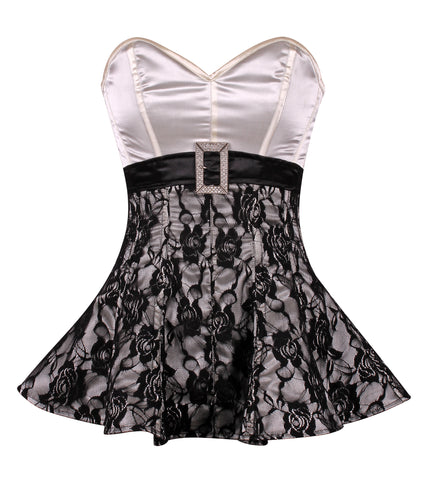 Overbust Corset Dress with Lace Overlay and Rhinestone Buckle Belt – Elegant Waist Shaping Corset Dress