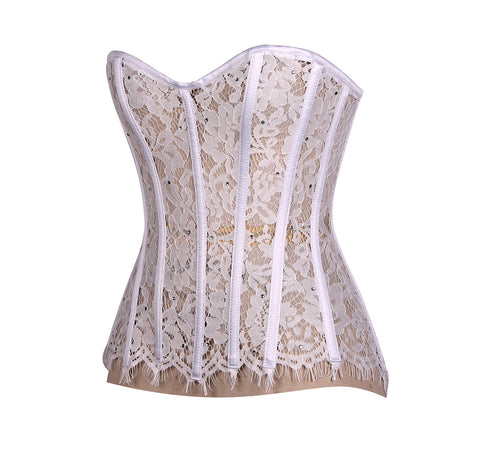 Exquisite and Sparkling Rhinestones Overbust Corset in Sheer Eyelash Lace for a Dazzling Silhouette