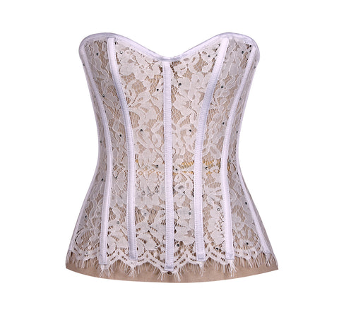 Exquisite and Sparkling Rhinestones Overbust Corset in Sheer Eyelash Lace for a Dazzling Silhouette