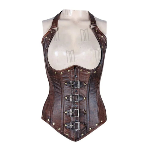 3 Layer Under bust Halter Neck Corset in Genuine Leather with Buckle Straps image 0