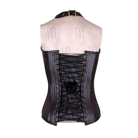 3 Layer Under bust Halter Neck Corset in high quality genuine leather with a removable front flap image 2