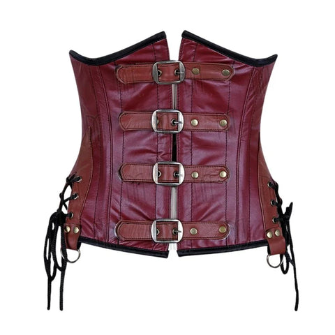 Waist Shaping Corset in Genuine Leather with Buckle Straps and Lace Details