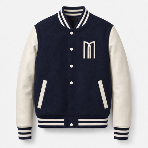 Mohrazi Men's Premium Navy Varsity Jacket Wool Body Cream Leather Sleeves