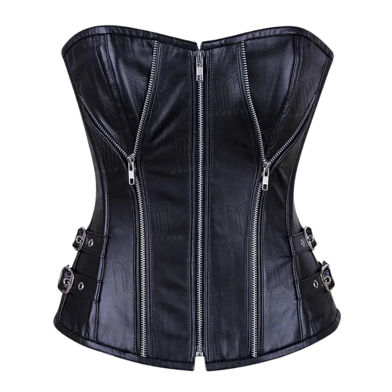 Bold 3-Layer Leather Steel Boned Overbust Corset with Spiral Boning and Silver Zipper image 0