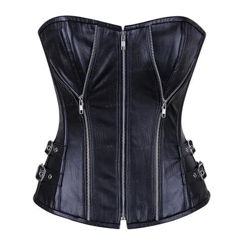 Bold 3-Layer Leather Steel Boned Overbust Corset with Spiral Boning and Silver Zipper image 0