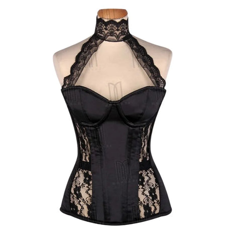 Elegant Satin Underwire Overbust Corset with Sheer Lace and Neck Lace Accent image 0