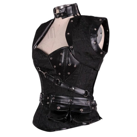Steampunk Black Brocade and Faux Leather Overbust Corset with Neck Strap and Bolero image 4