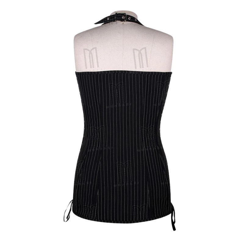 Chic and Structured Pinstripe Short Overbust Corset Dress with Side Lacing and Halter Neck Belt image 1
