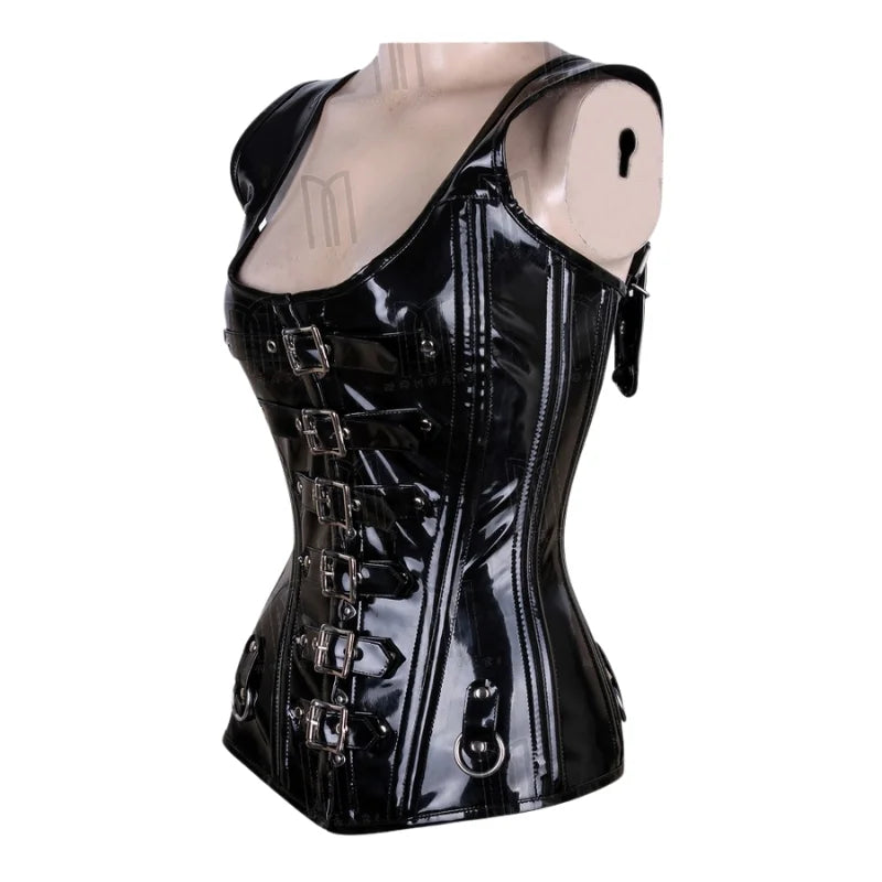 Sleek and Structured Patent Leather Overbust Corset with Shoulder Straps and Steel Boning for a Flawless Fit image 1