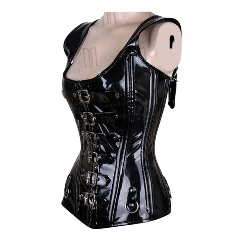 Sleek and Structured Patent Leather Overbust Corset with Shoulder Straps and Steel Boning for a Flawless Fit image 1