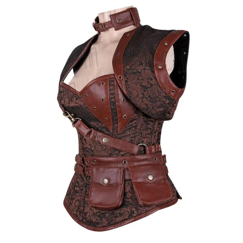 Steampunk Black Brocade and Faux Leather Overbust Corset with Neck Strap and Bolero image 1