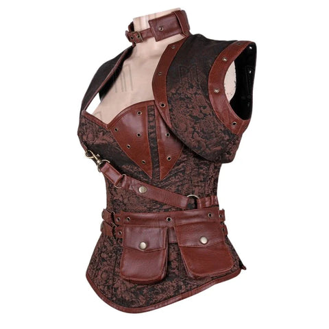 Steampunk Black Brocade and Faux Leather Overbust Corset with Neck Strap and Bolero image 1