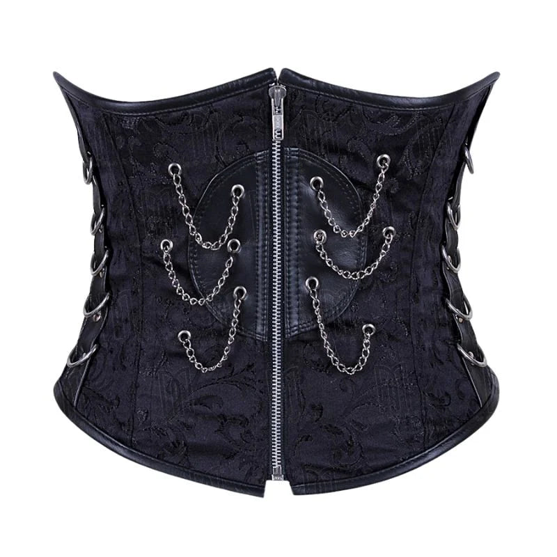 Edgy and Elegant Brocade Underbust Corset with Chains and Genuine Leather for a Bold Look image 0