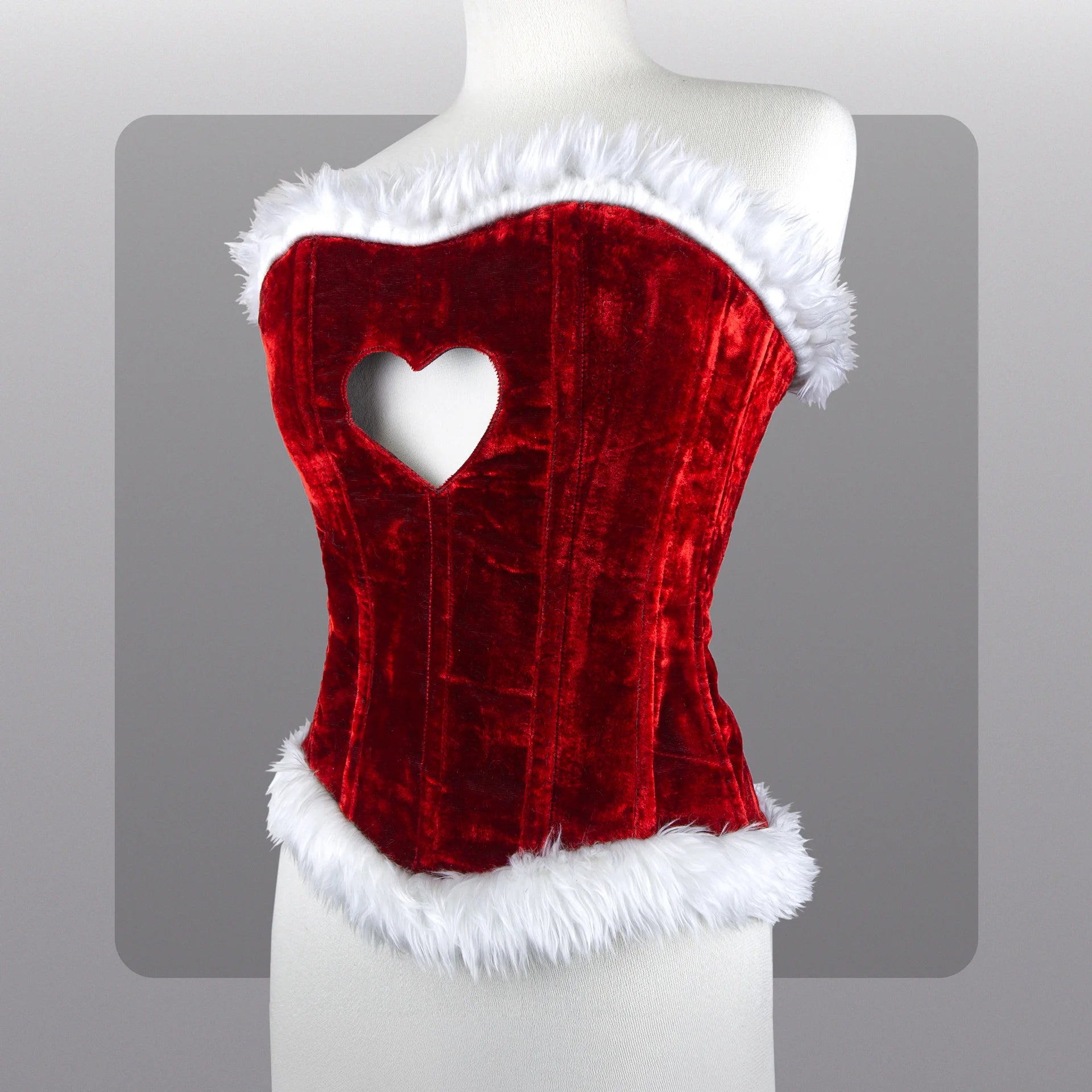 Red Christmas corset top sexy lingerie with white feather trimming heart cutout Overbust renaissance bustier Santa Claus costume for women image 2