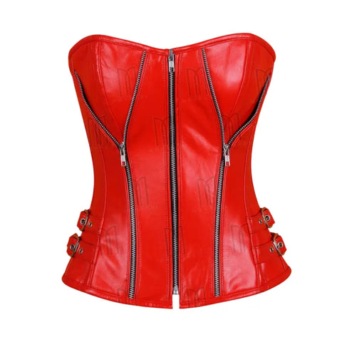 Bold 3-Layer Leather Steel Boned Overbust Corset with Spiral Boning and Silver Zipper image 3