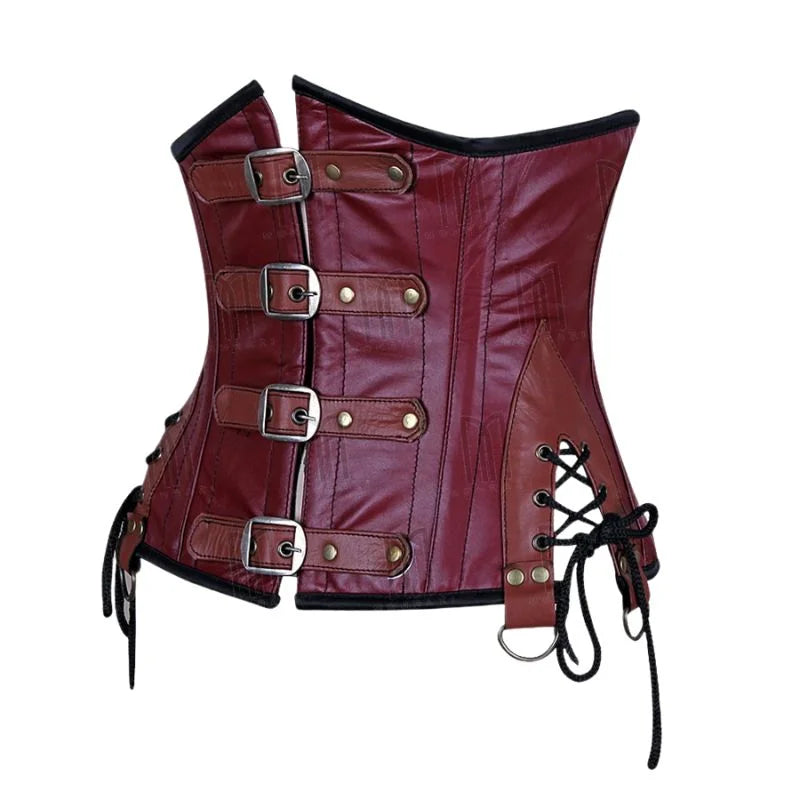 Genuine Leather Underbust Corset with Side Lace-Up Panels and Buckle Straps