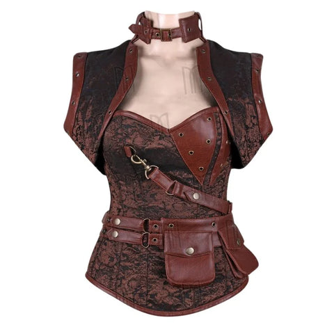 Steampunk Black Brocade and Faux Leather Overbust Corset with Neck Strap and Bolero image 0