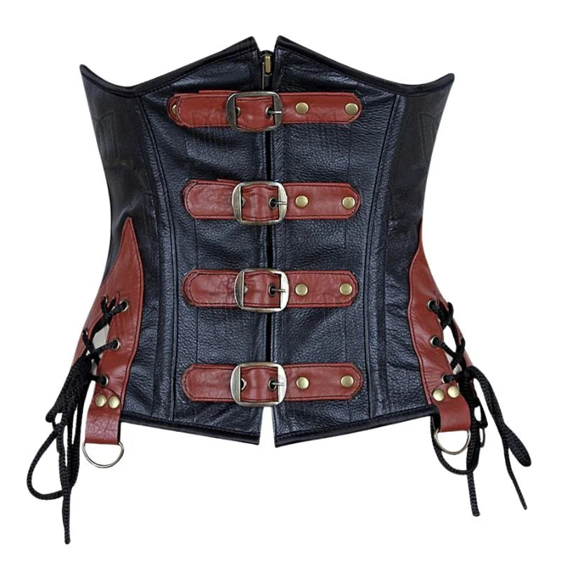 Genuine Leather Underbust Corset with Side Lace-Up Panels and Buckle Straps