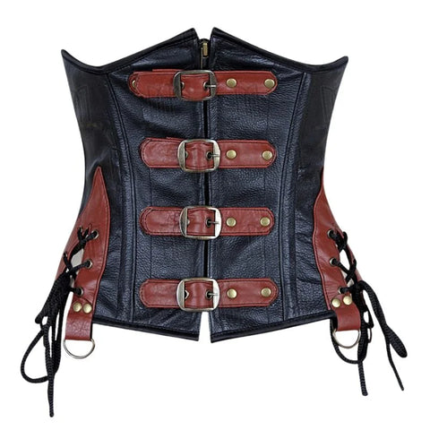 Genuine Leather Underbust Corset with Side Lace-Up Panels and Buckle Straps