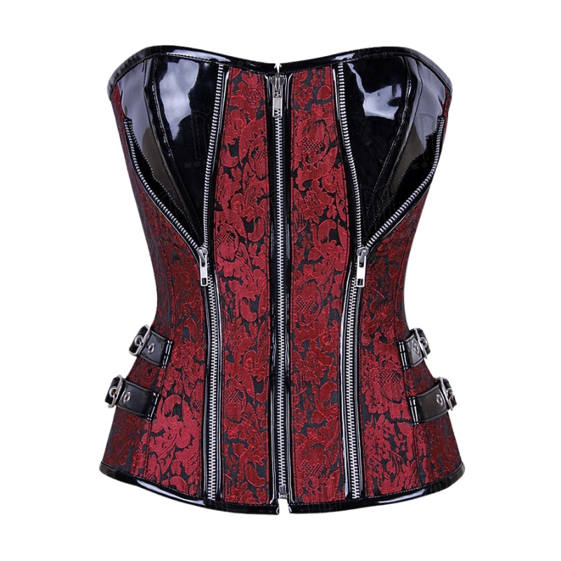 Bold 3-Layer Brocade and Patent Overbust Corset with Spiral Steel Boning and Silver Zipper image 0