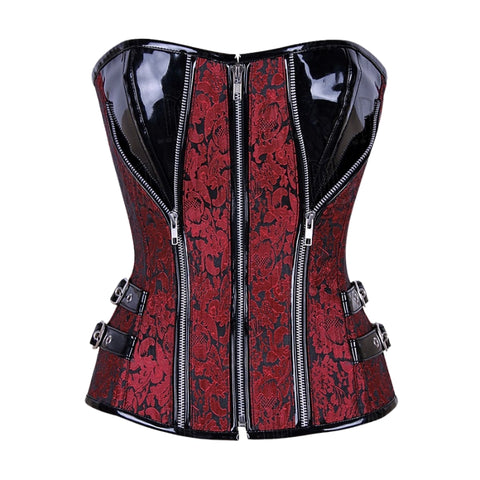 Bold 3-Layer Brocade and Patent Overbust Corset with Spiral Steel Boning and Silver Zipper image 0