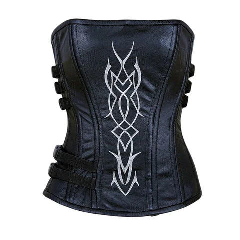 Elegantly Crafted Leather Overbust Corset with Intricate Underworld Embroidery image 0