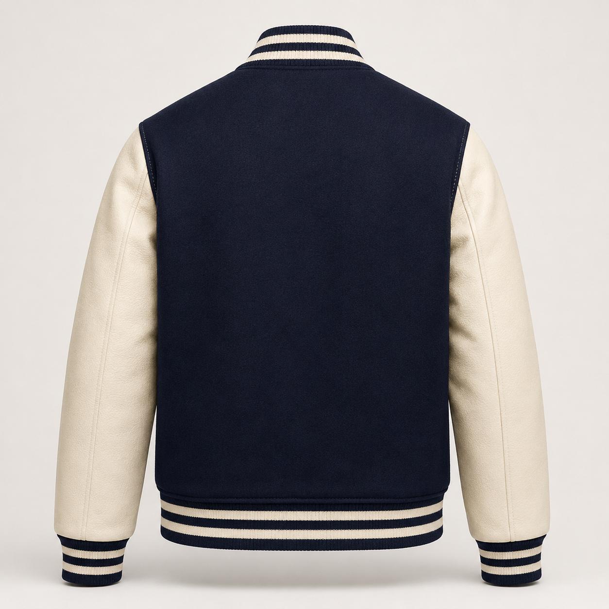 Mohrazi Men's Premium Navy Varsity Jacket Wool Body Cream Leather Sleeves